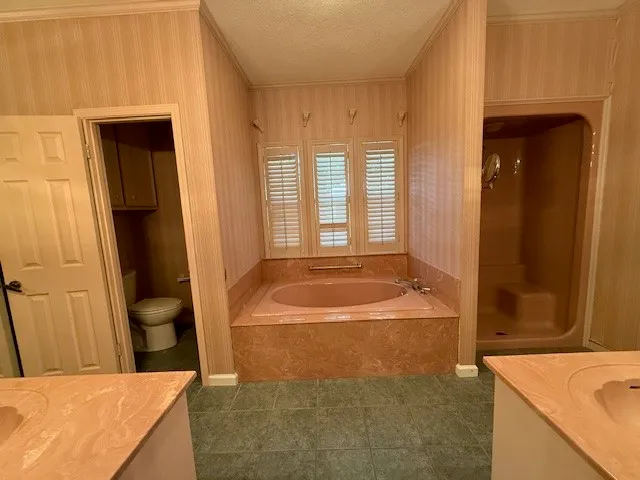 a bathroom with a tub sink and toilet
