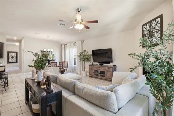 a living room with furniture a flat screen tv and a potted plant