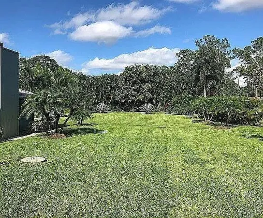 a view of a house with a yard and potted plants