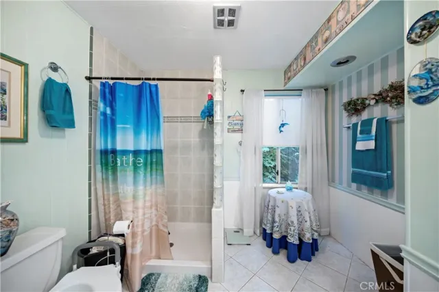 a bathroom with a shower and a toilet