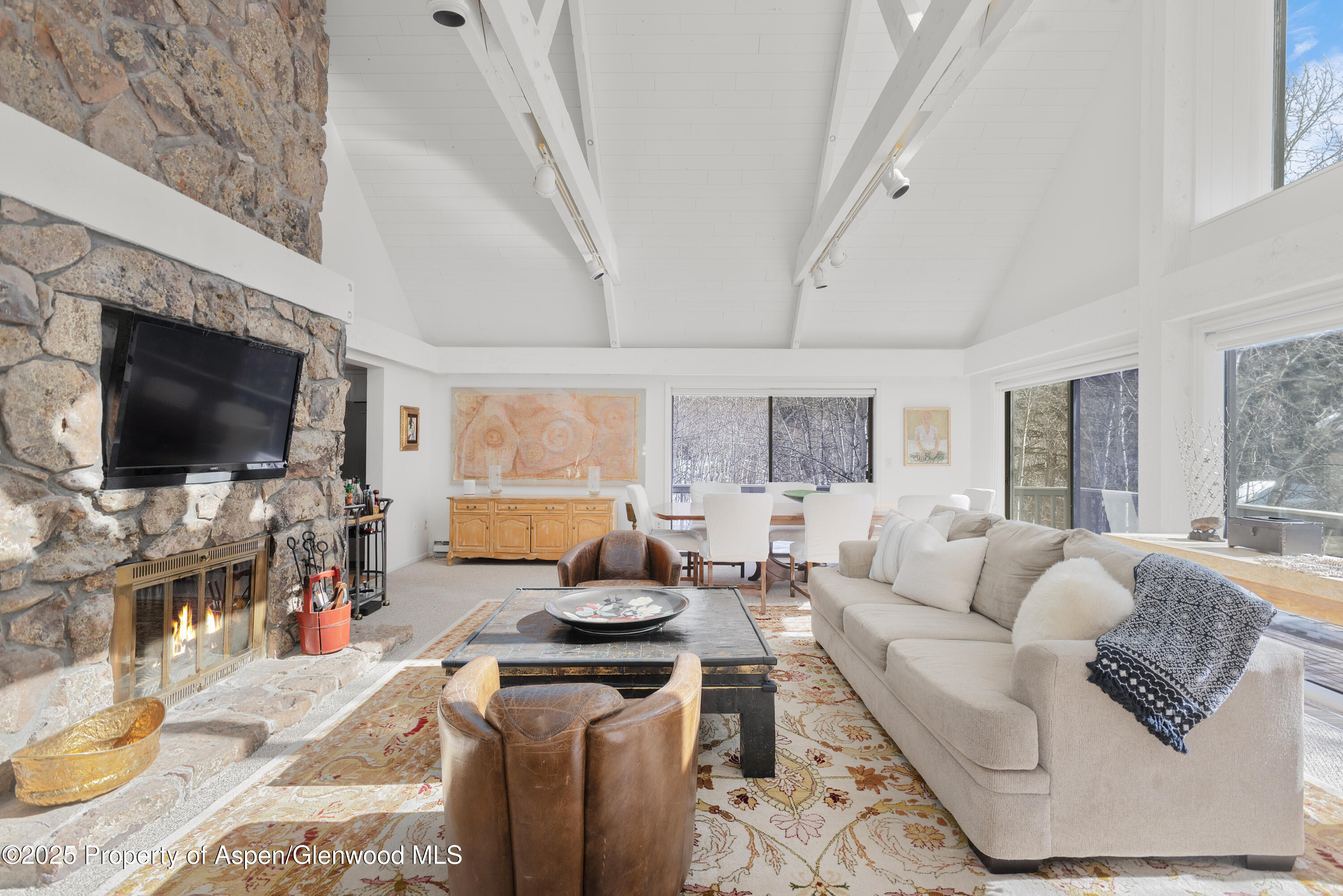 a living room with fireplace furniture and a flat screen tv