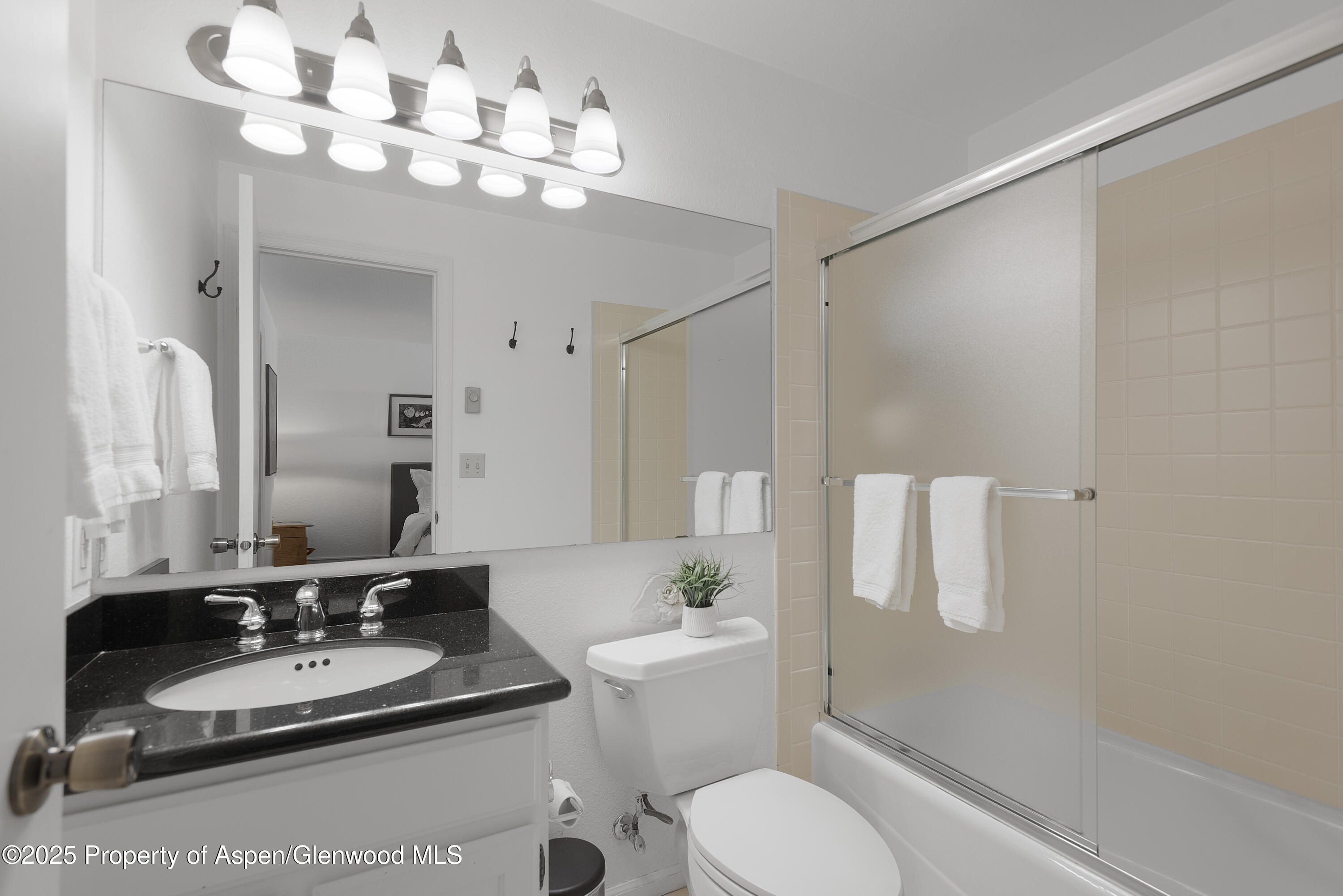 60 Northway Drive Aspen, CO 81611 - Photo 24 of 32 a bathroom with a granite countertop sink a toilet and a mirror