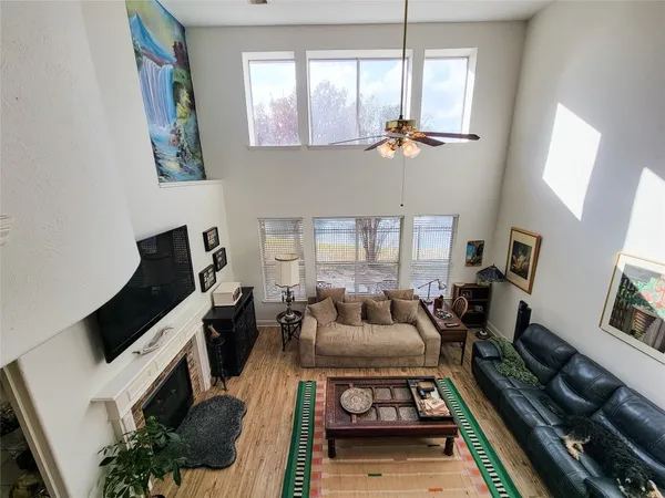 an aerial view of a house with a garden