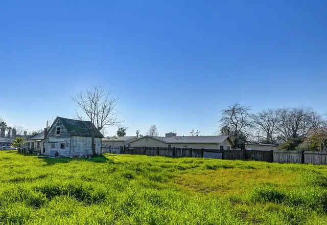 a view of a garden with a bench in the garden