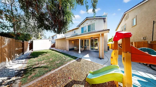 an aerial view of a house with garden