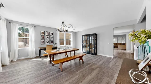 a living room with furniture a potted plant and wooden floor
