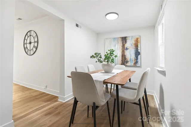 a view of a dining room with furniture window and wooden floor