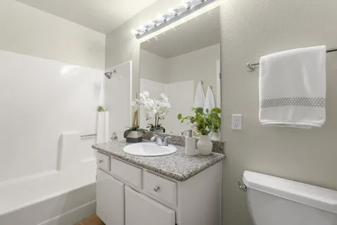 a bathroom with a granite countertop sink a toilet and a mirror