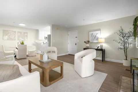 a living room with couches and a potted plant