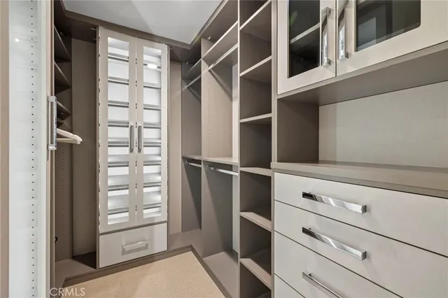 a view of walk in closet with empty racks