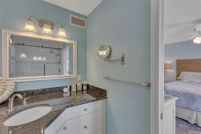 a bathroom with a granite countertop sink a mirror and a shower