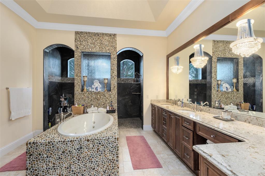 5300 Carson Street St. Cloud, FL 34771 - Photo 26 of 59 a bathroom with a granite countertop sink a mirror and shower