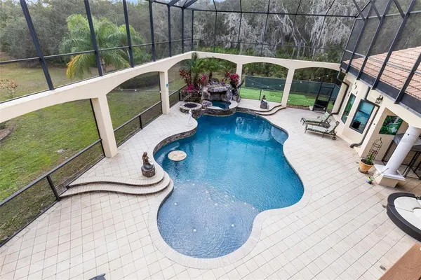 a view of a building with sitting area