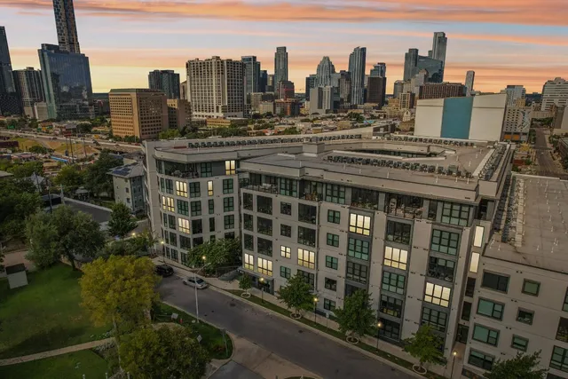 a city view with tall buildings