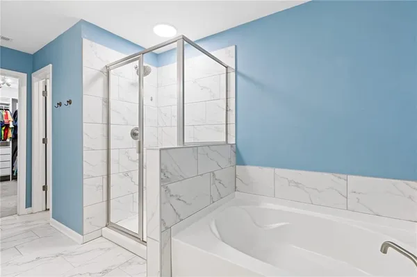 a bathroom with a bathtub and a shower