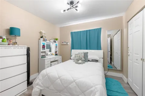 a bedroom with a bed and a dresser in it