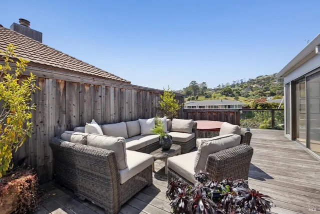 a view of a patio with couches chairs and a potted plant