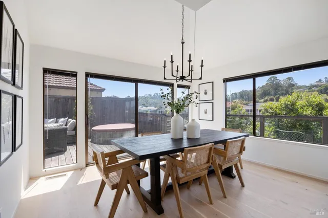 a view of a dining room with furniture window and outside view
