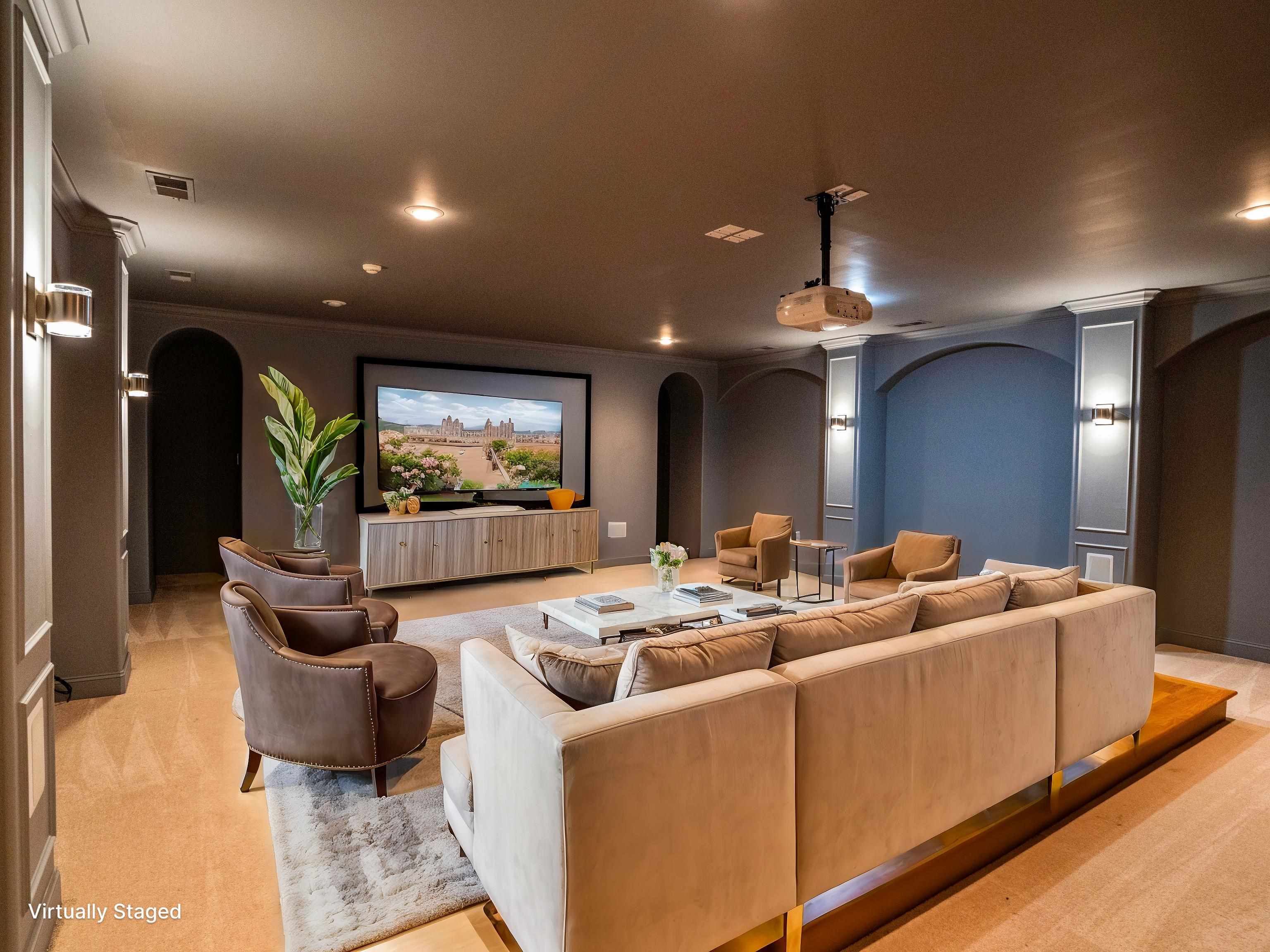 205 Jamerson Farm Road Collierville, TN 38017 - Photo 25 of 33 Home theater room featuring light colored carpet, visible vents, arched walkways, recessed lighting, and ornate columns