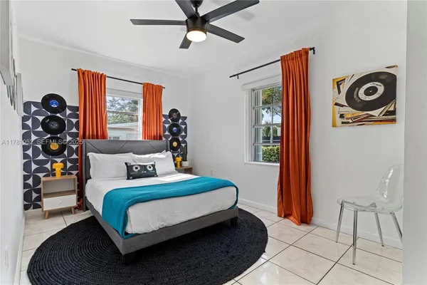 a bedroom with a bed and a painting on the wall