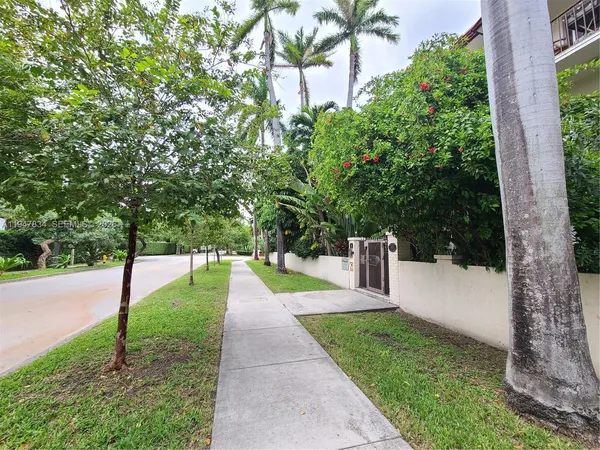 a view of a park with large trees