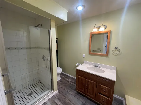 a bathroom with a sink a toilet and shower