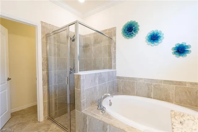 a bathroom with a bathtub and shower