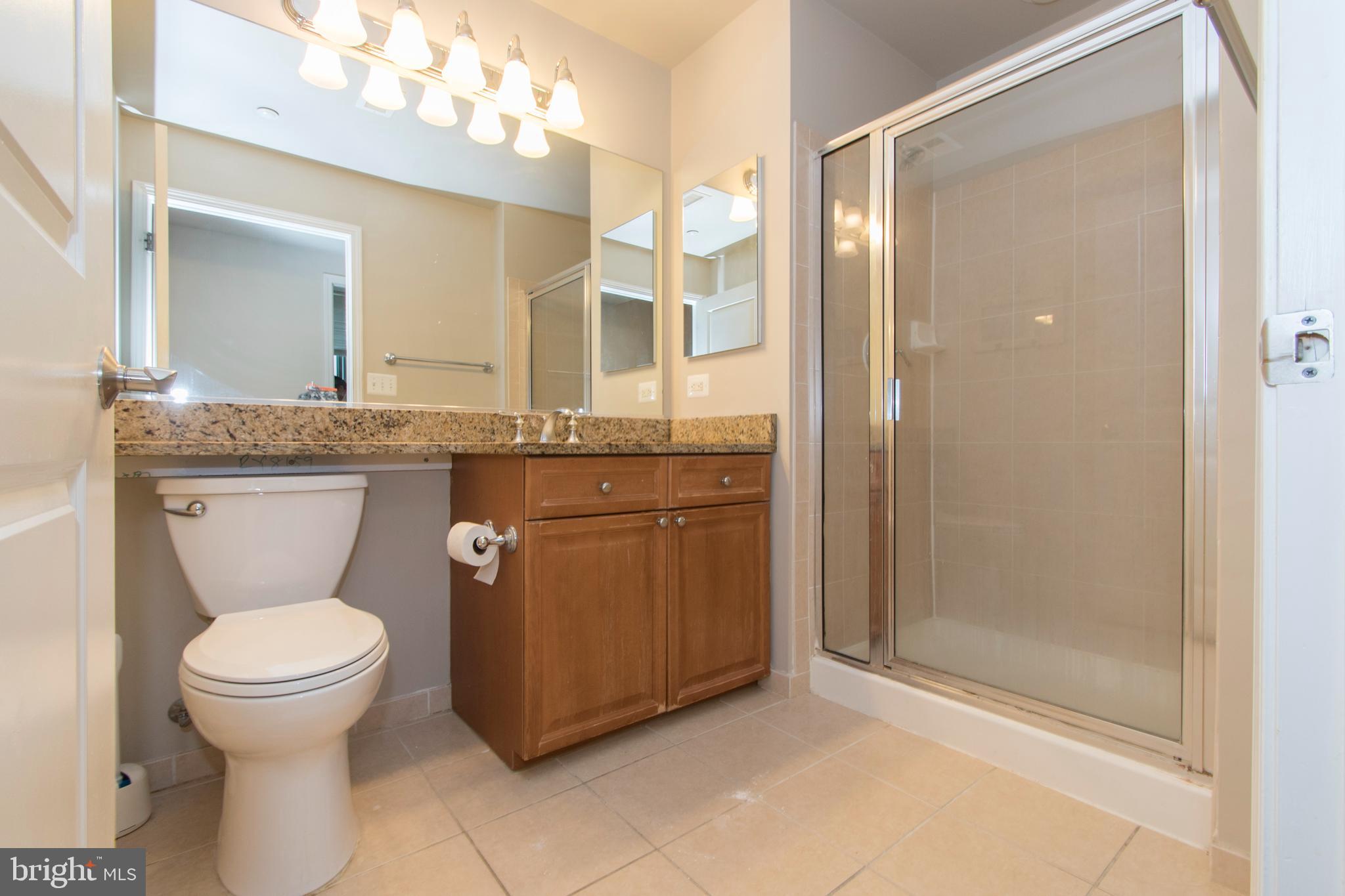 11700 Old Georgetown Road, Unit 807 North Bethesda, MD 20852 - Photo 20 of 37 a bathroom with a granite countertop toilet a sink and a mirror