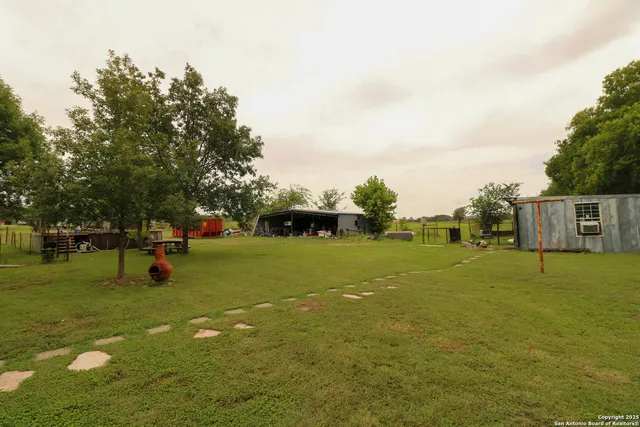 a view of a park with large trees
