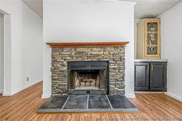 a living room with a fireplace and a rug