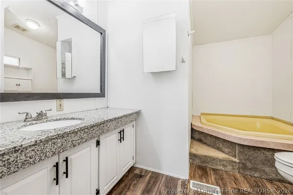 a bathroom with a granite countertop sink and a mirror
