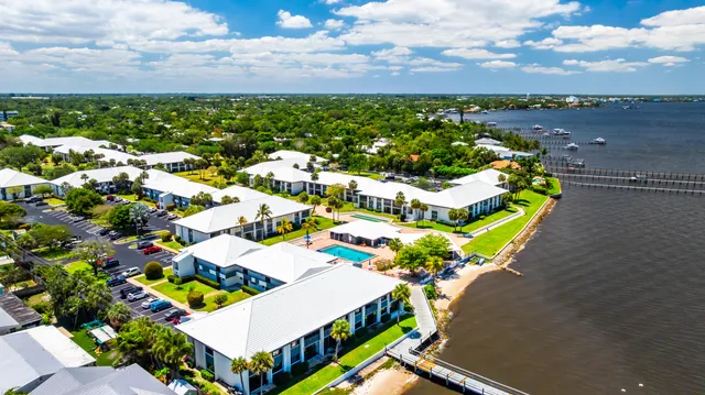 an aerial view of a swimming pool