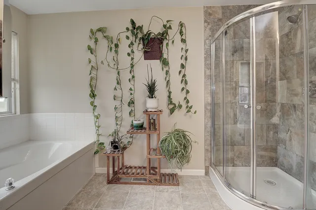 a bathroom with a bathtub and shower