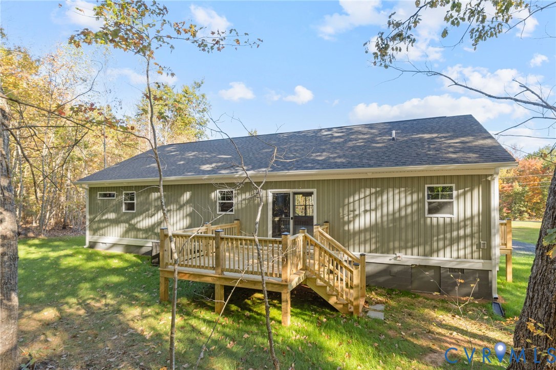 46 Union Church Road Palmyra, VA 22963 - Photo 43 of 50 Back of house with a lawn, a wooden deck, and a sh