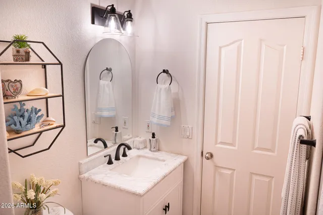 a bathroom with a sink and a mirror