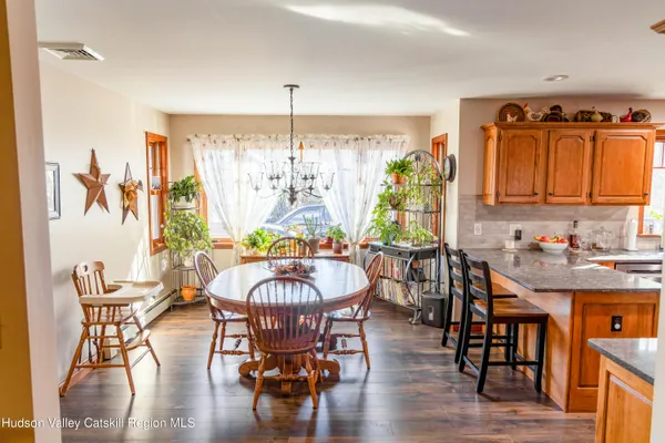 a view of a dining room with furniture window and wooden floor