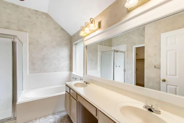 a bathroom with a tub sink and mirror