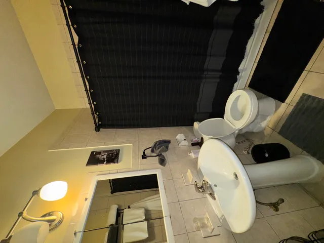 a bathroom with a toilet and a mirror