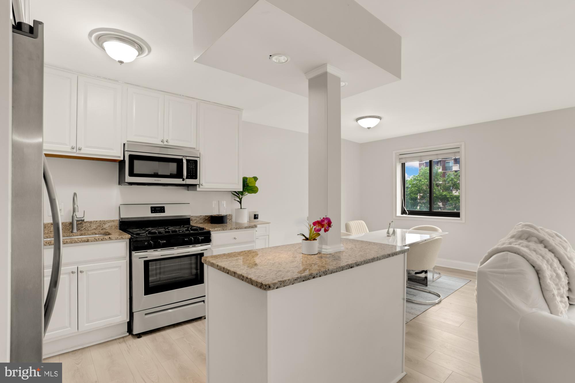 1200 South Arlington Ridge Road, Unit 507 Arlington, VA 22202 - Photo 19 of 30 a kitchen with granite countertop a sink stainless steel appliances and white cabinets