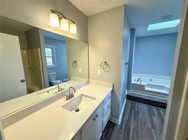 a bathroom with a double vanity sink a mirror and a bathtub