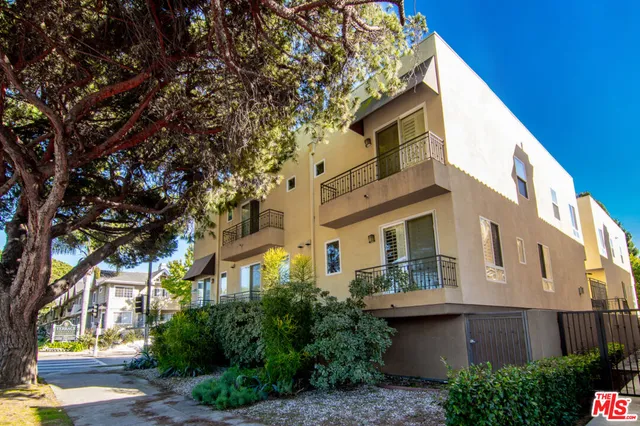 a view of a white house with large windows and a tree