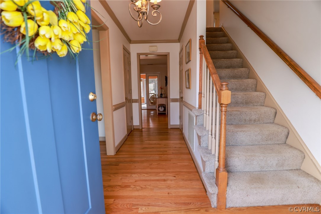5404 Chestnut Bluff Road Midlothian, VA 23112 - Photo 3 of 48 a view of a hallway with wooden floor and staircase