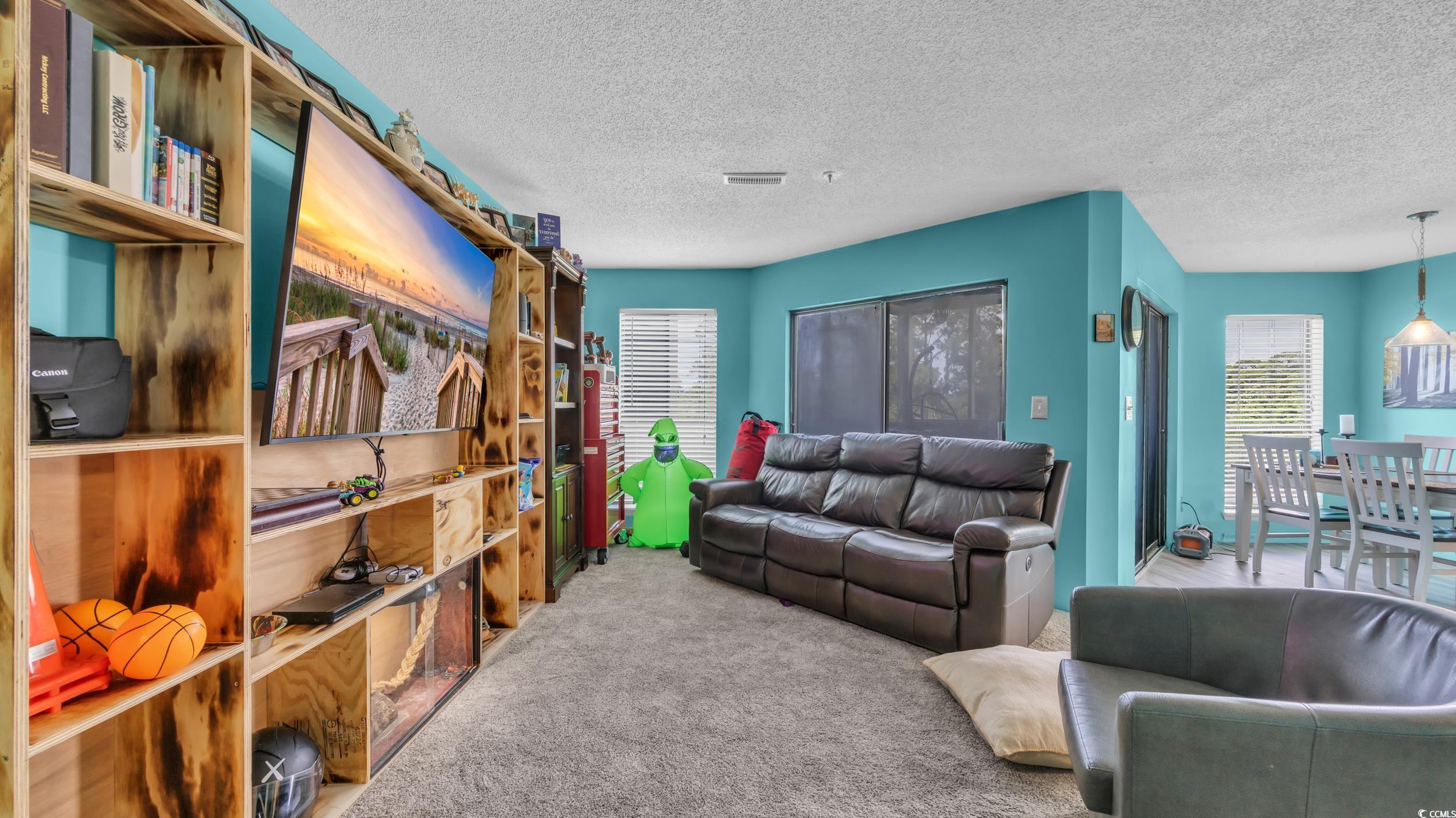 1101 Possum Trot Road, Unit C203 North Myrtle Beach, SC 29582 - Photo 8 of 29 Living room featuring a textured ceiling and carpe