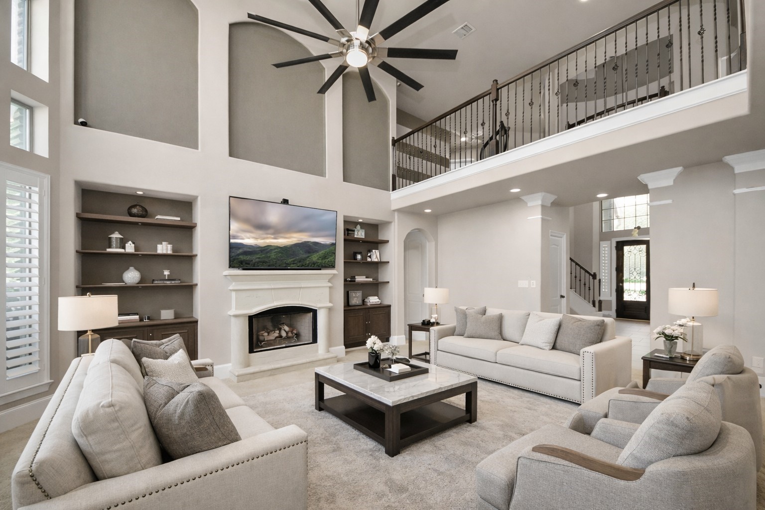 a living room with furniture and a fireplace
