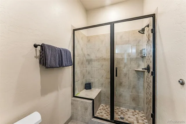 a bathroom with a shower and a toilet