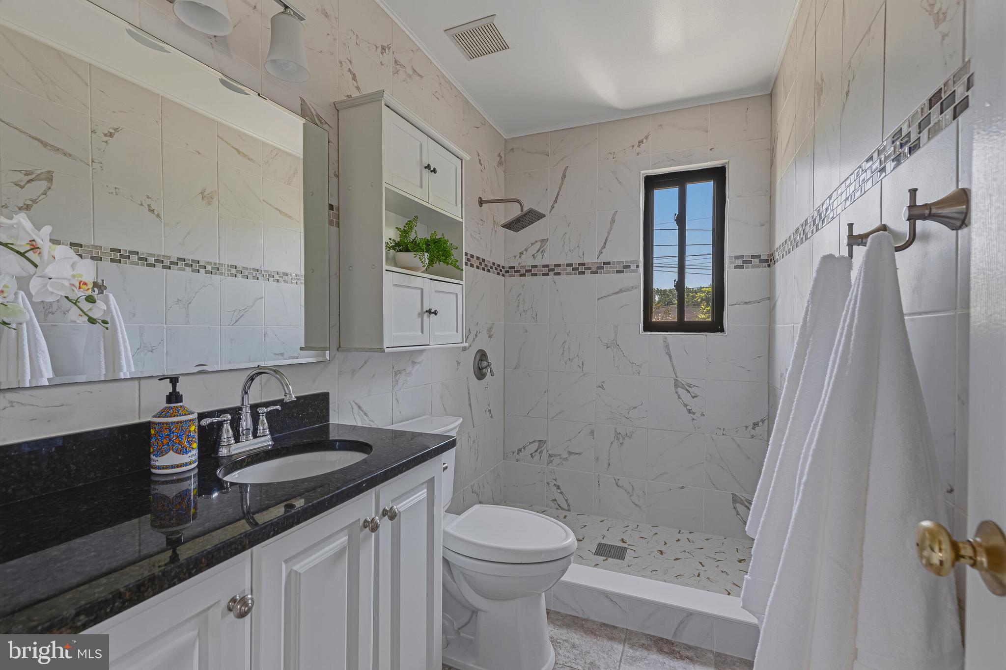 5917 Flanders Street Springfield, VA 22150 - Photo 24 of 40 a bathroom with a granite countertop sink toilet and shower
