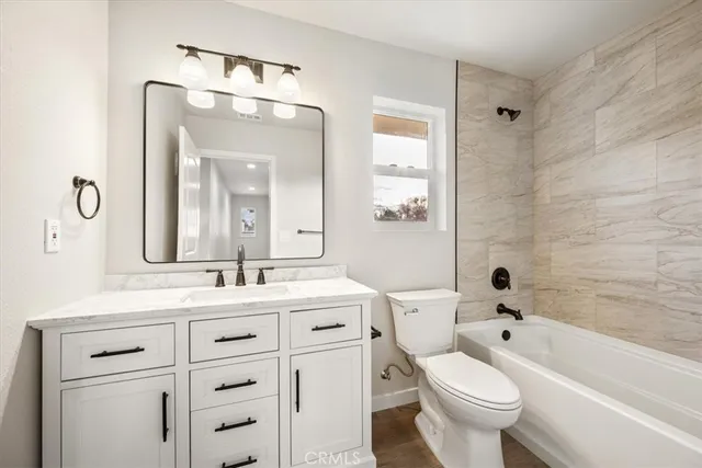 a bathroom with a toilet a sink a tub and mirror