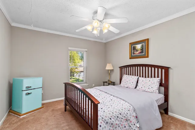 a bedroom with a large bed and a window