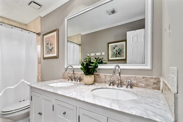 a bathroom with double vanity sinks a toilet a mirror and shower