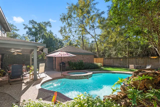 a garden view with a seating space